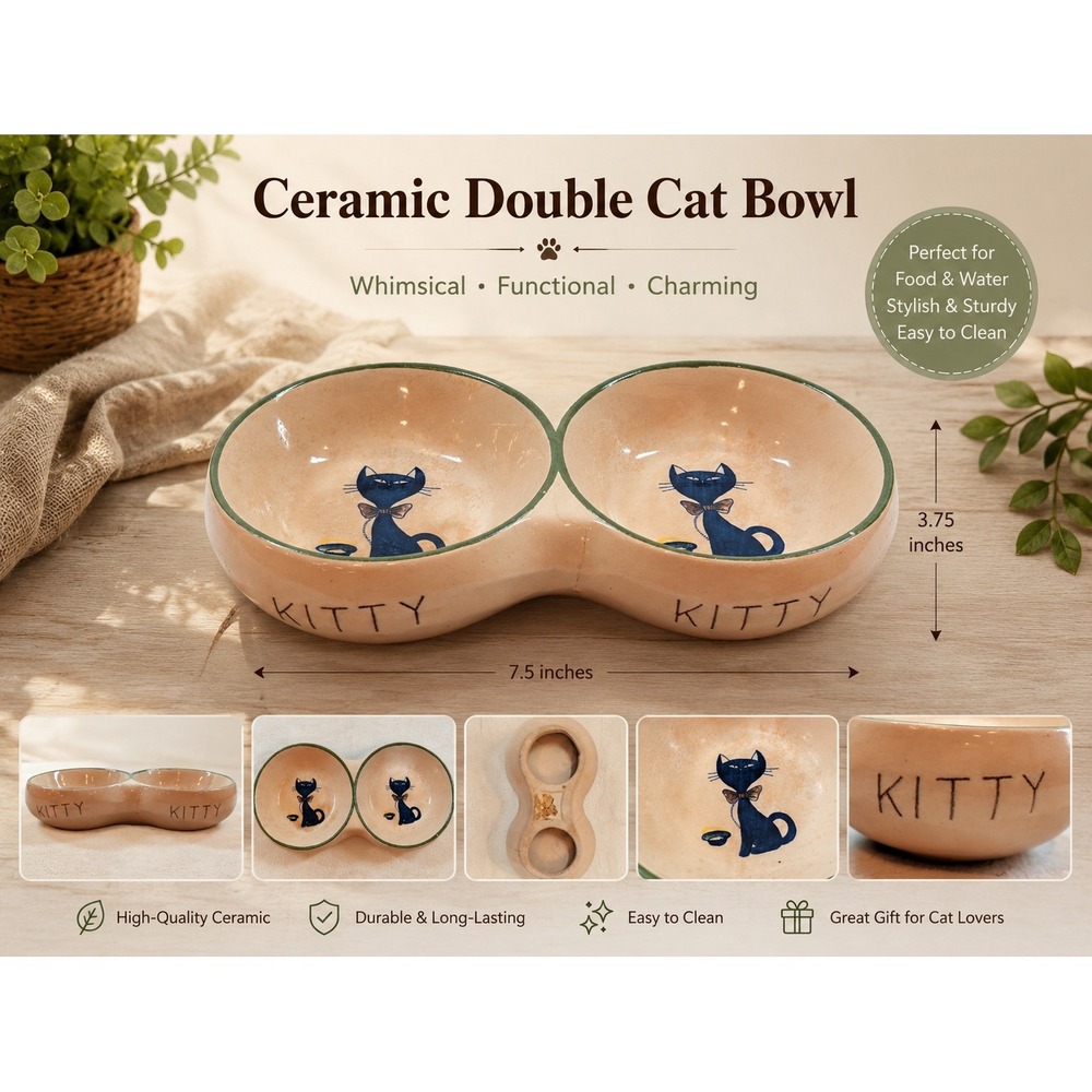 Vintage Ceramic‎ Double Kitty Cat Bowl Pink Green Trim Mid Century Pet Dish 8.5"